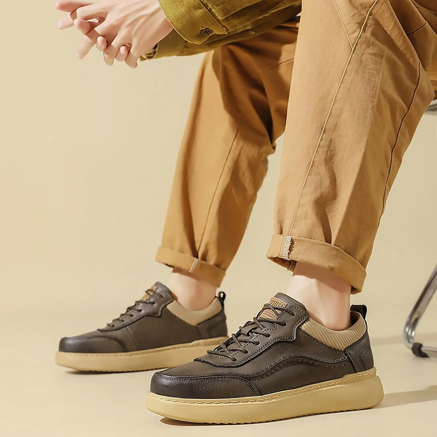 Men's Genuine Leather Platform Casual Oxford Shoes Classic Handmade Lace Up Round Toe Soft Bottom Oxford Sneakers for Driving Business Work