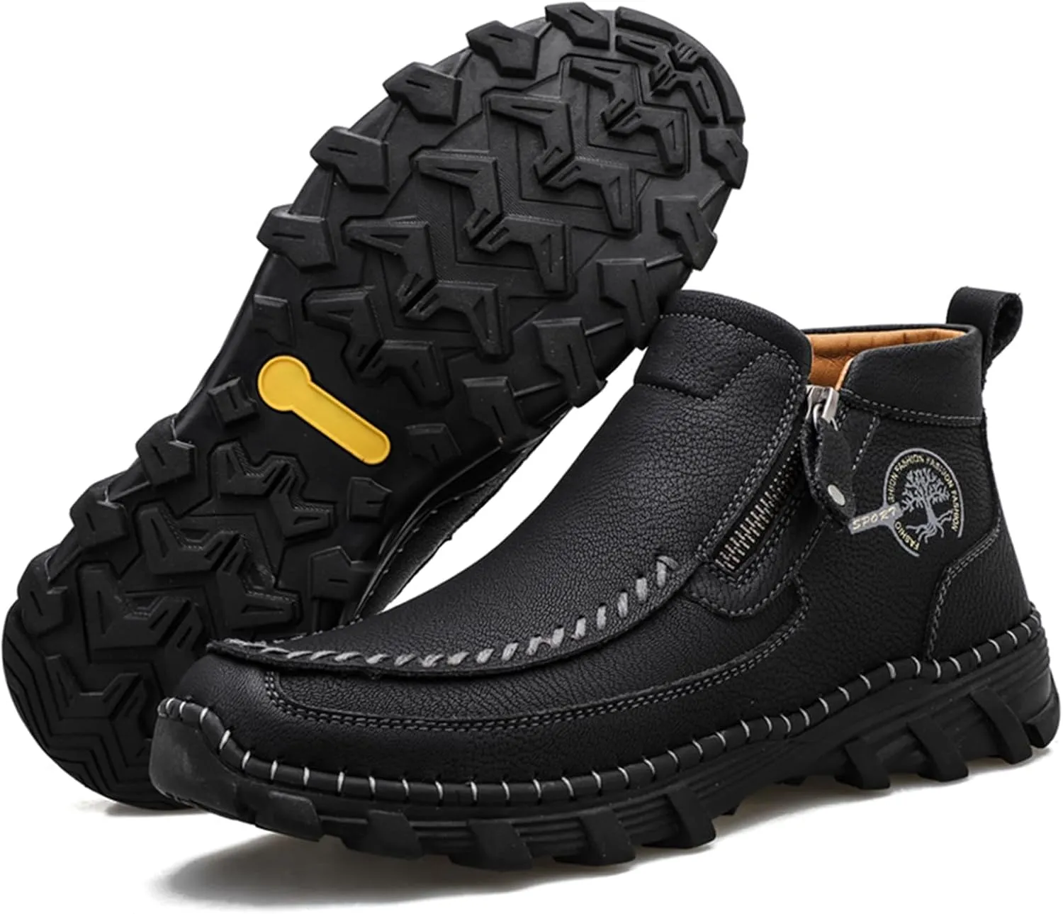 Men's Hand Stitching Leather Slip On Ankle Boots Side Zipper Casual Comfort Moccasin Chukka Boots Outdoor Walking Loafers for Working Driving Hiking