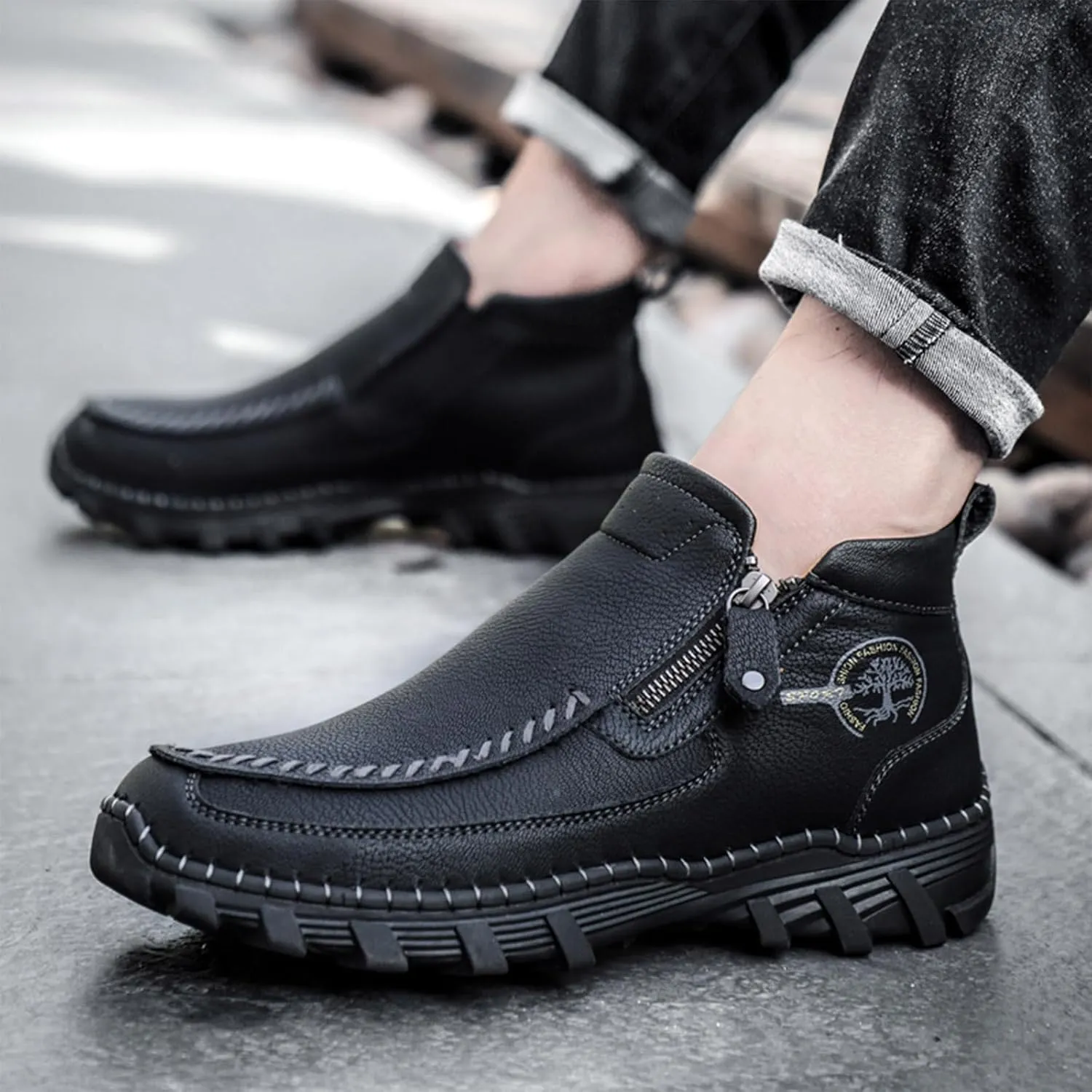 Men's Hand Stitching Leather Slip On Ankle Boots Side Zipper Casual Comfort Moccasin Chukka Boots Outdoor Walking Loafers for Working Driving Hiking