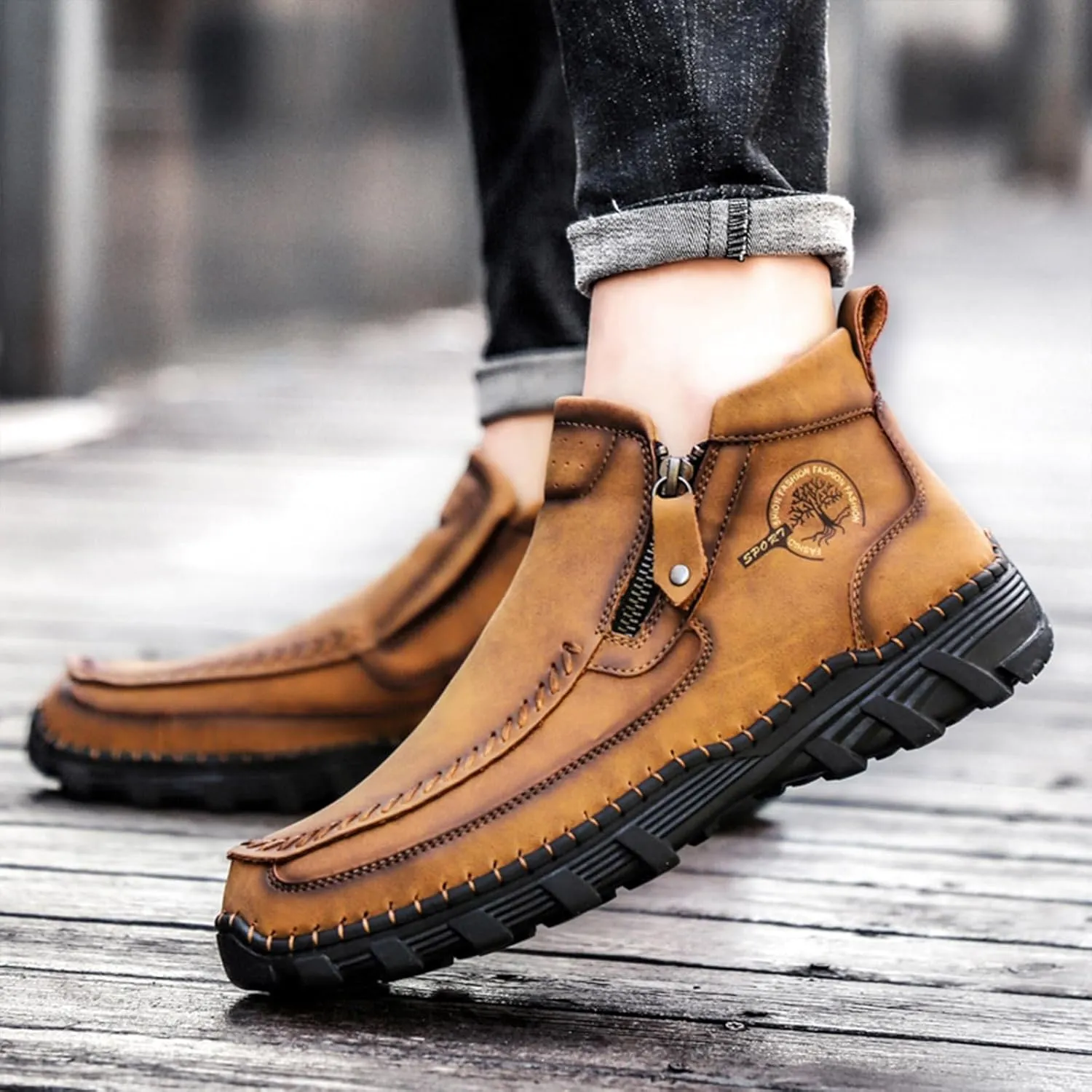 Men's Hand Stitching Leather Slip On Ankle Boots Side Zipper Casual Comfort Moccasin Chukka Boots Outdoor Walking Loafers for Working Driving Hiking