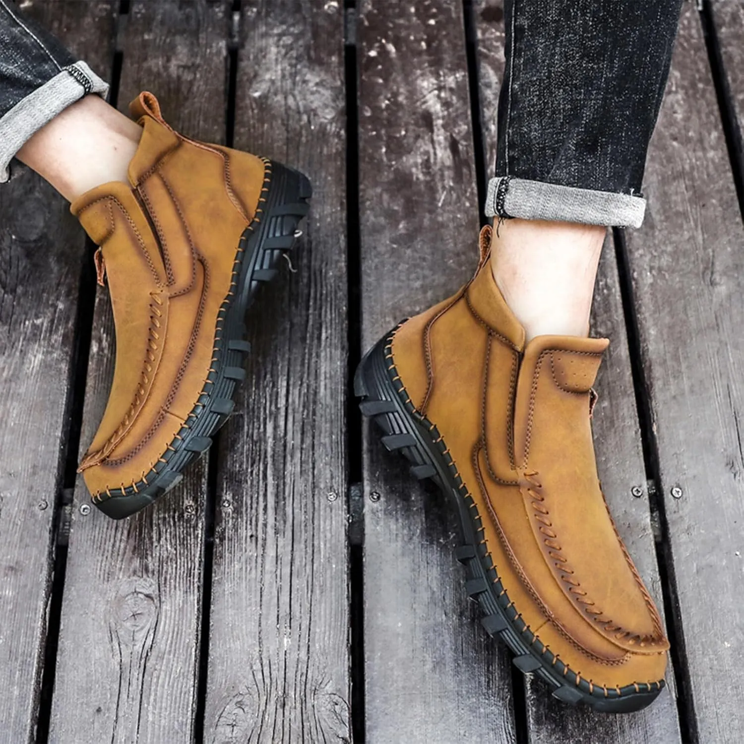 Men's Hand Stitching Leather Slip On Ankle Boots Side Zipper Casual Comfort Moccasin Chukka Boots Outdoor Walking Loafers for Working Driving Hiking