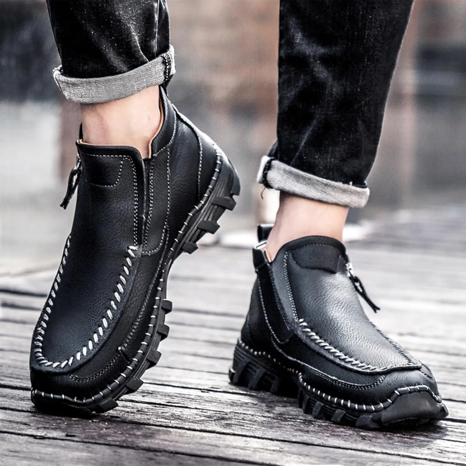 Men's Hand Stitching Leather Slip On Ankle Boots Side Zipper Casual Comfort Moccasin Chukka Boots Outdoor Walking Loafers for Working Driving Hiking