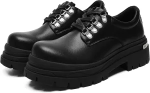 Men's Leather Platform Oxfords Round Toe Chunky Heel Lug Sole Work Dress Shoes Soft Non-Slip Business Formal Derby Casual Shoes Lace Up Platform Sneakers for Men
