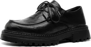 Men's Leather Round Toe Heightening Low Chunky Heel Oxfords Retro Classic Lace Up Non-Slip Lug Sole Business Dress Derby Shoes for Office Work Wedding