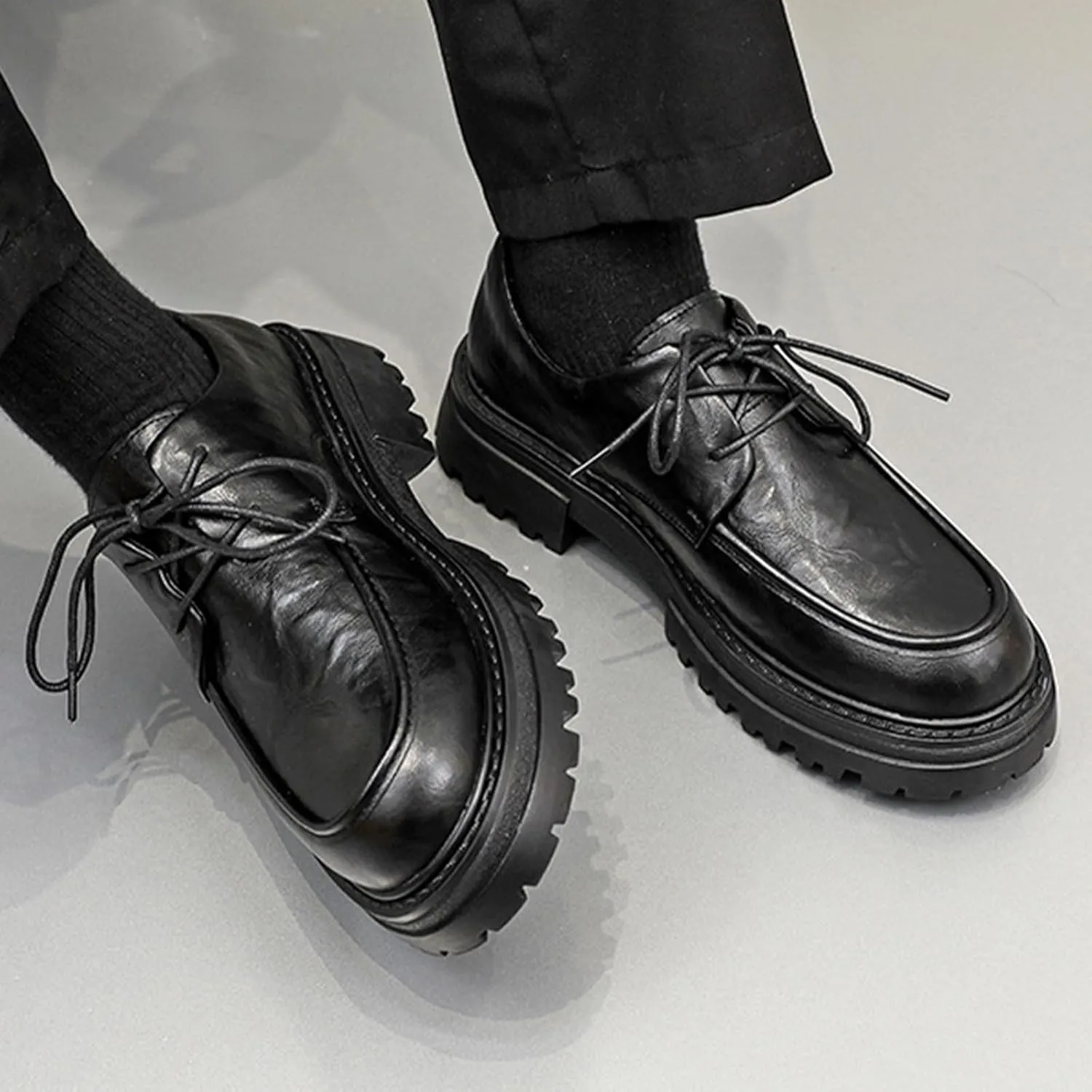Men's Leather Round Toe Heightening Low Chunky Heel Oxfords Retro Classic Lace Up Non-Slip Lug Sole Business Dress Derby Shoes for Office Work Wedding