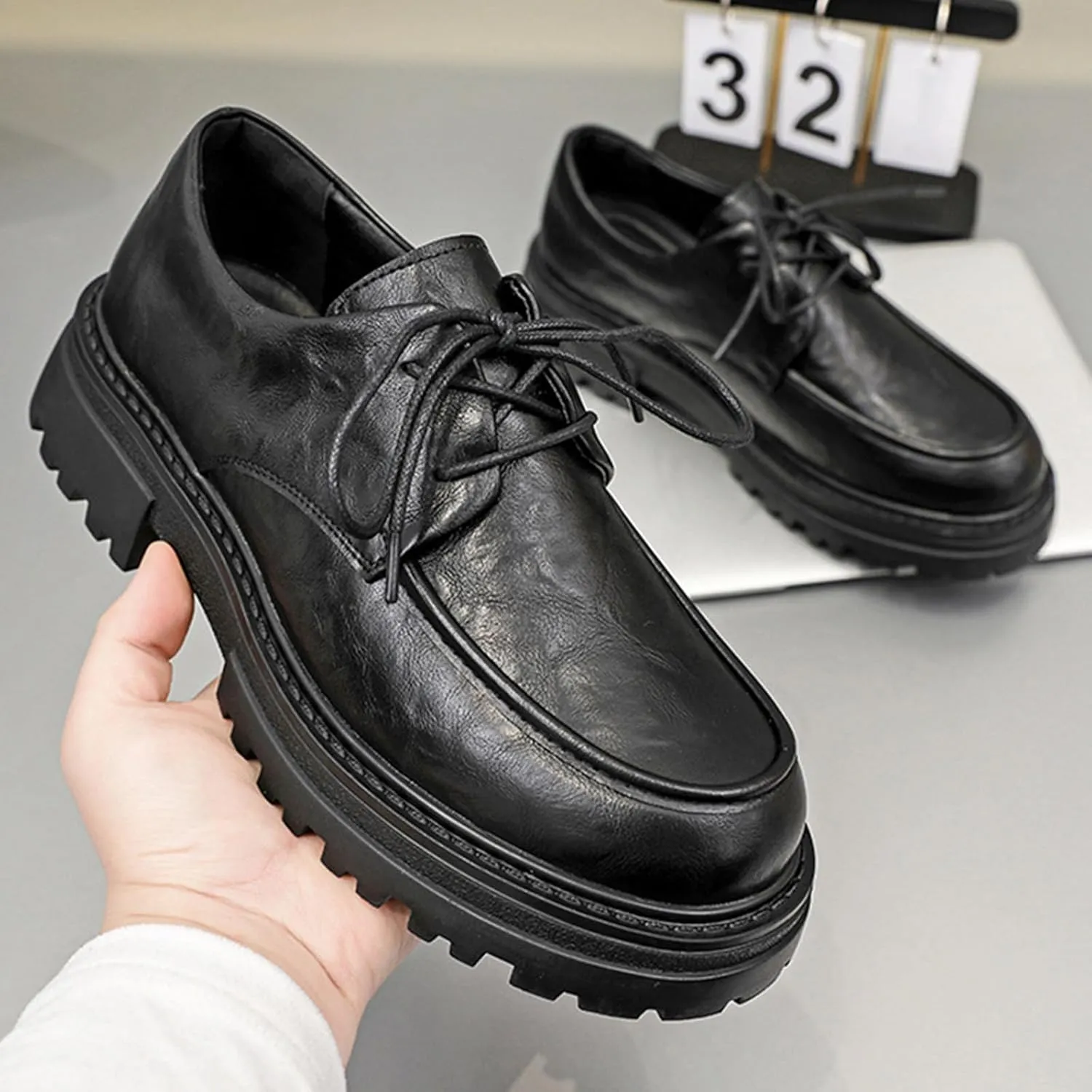 Men's Leather Round Toe Heightening Low Chunky Heel Oxfords Retro Classic Lace Up Non-Slip Lug Sole Business Dress Derby Shoes for Office Work Wedding