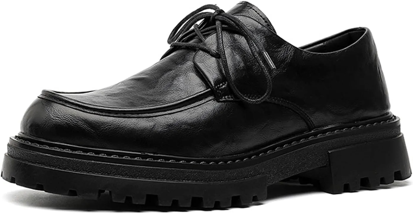 Men's Leather Round Toe Heightening Low Chunky Heel Oxfords Retro Classic Lace Up Non-Slip Lug Sole Business Dress Derby Shoes for Office Work Wedding