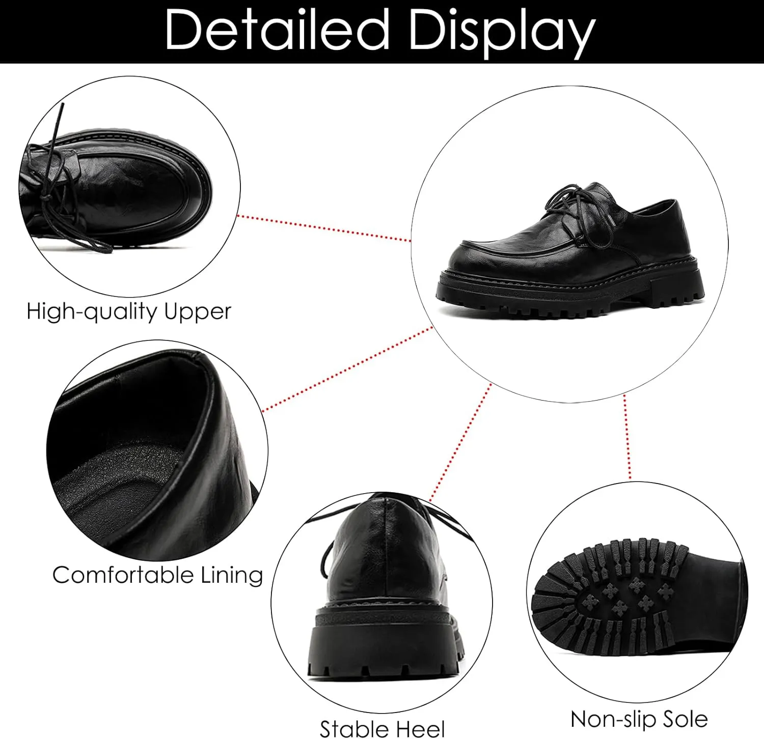 Men's Leather Round Toe Heightening Low Chunky Heel Oxfords Retro Classic Lace Up Non-Slip Lug Sole Business Dress Derby Shoes for Office Work Wedding