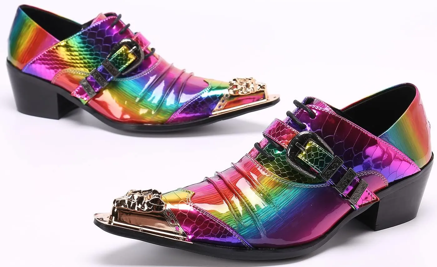 Mens Oxfords Casual Dress Tuxedo Shoes Genuine Leather Metal Pointed Toe Folding Texture Party Prom Wedding Ballroom Singer Bar Disco Derby Western Colorful Shoes for Men