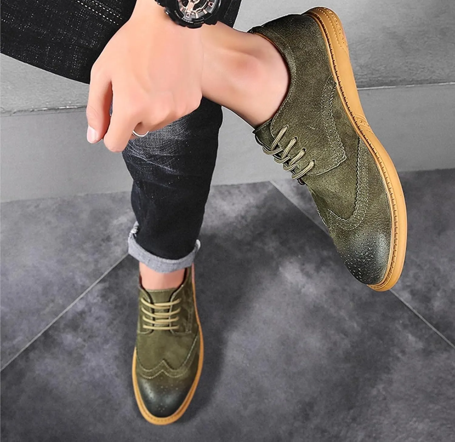 Men's Oxfords Suede Low Heel Fashion Classic Round-Toe Lace Up Wing Tips Business Dress Leather Derby Shoes Casual Comfortable Formal Work Wedding Shoes for Men