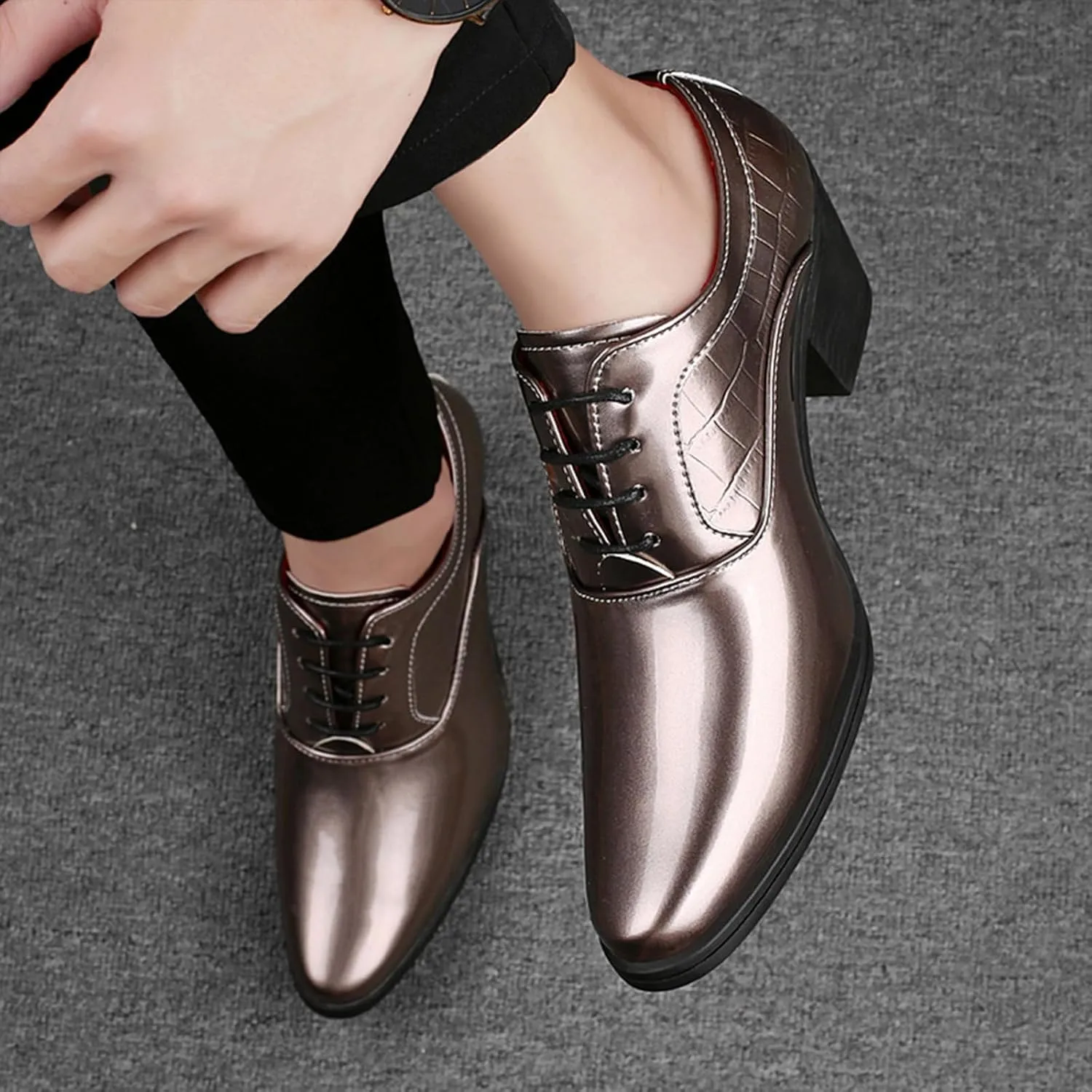 Men's Patent Leather Chunky Heel Oxford Shoes Pointed Toe Lace-up Fashion High Heels Business Work Wedding Prom Dress Derby Shoes