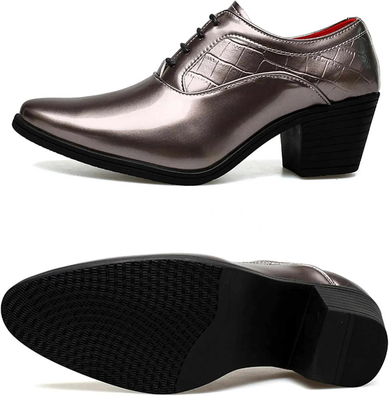 Men's Patent Leather Chunky Heel Oxford Shoes Pointed Toe Lace-up Fashion High Heels Business Work Wedding Prom Dress Derby Shoes