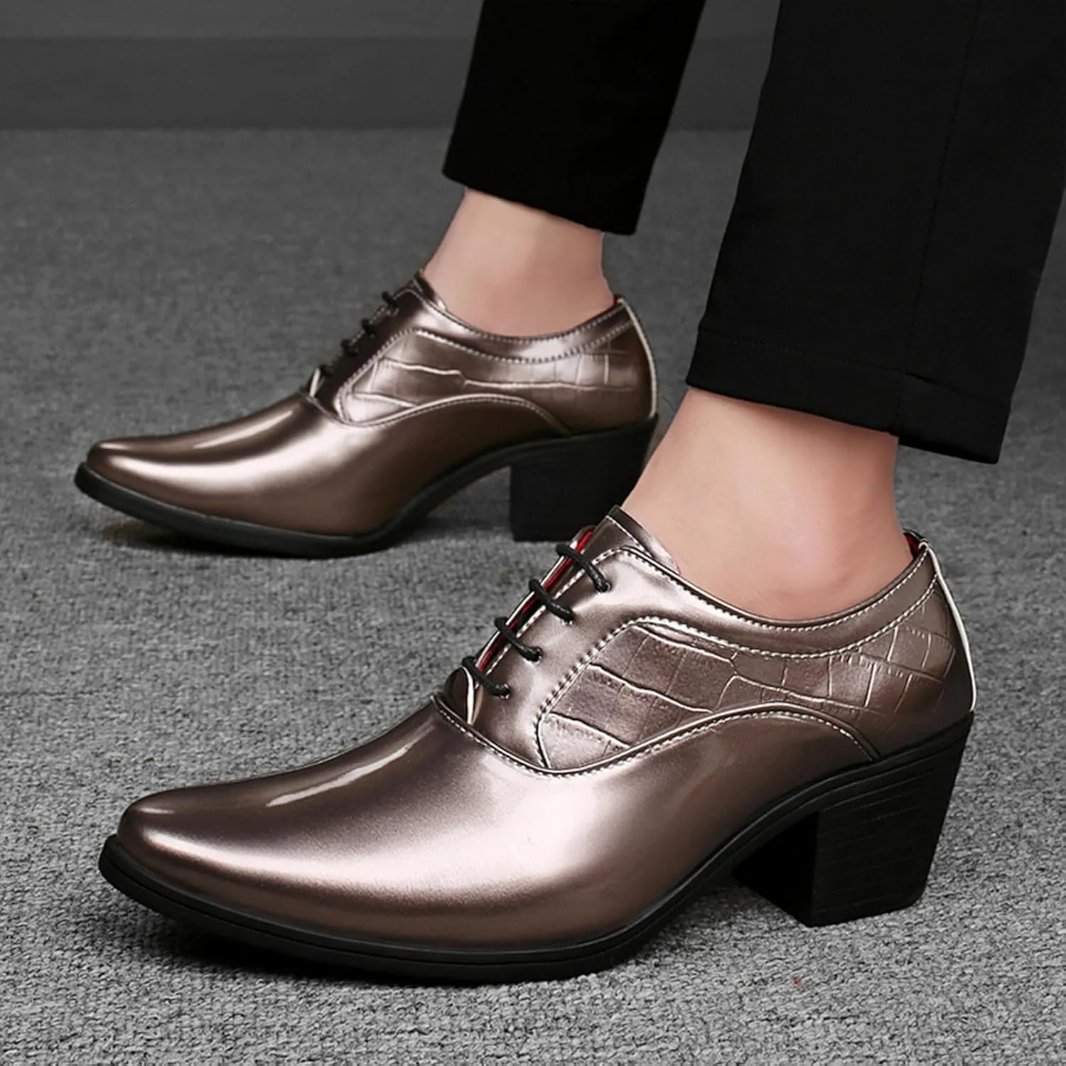 Men's Patent Leather Chunky Heel Oxford Shoes Pointed Toe Lace-up Fashion High Heels Business Work Wedding Prom Dress Derby Shoes