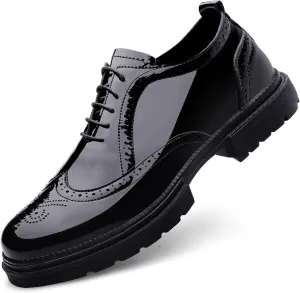 Men's Patent Leather Wingtips Carved Brogue Derby Shoes Classic Round Toe Lace Up Thick Sole Dress Oxfords Breathable Handmade Formal Business Shoes