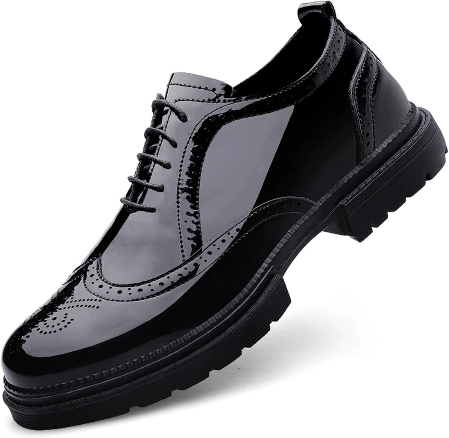 Men's Patent Leather Wingtips Carved Brogue Derby Shoes Classic Round Toe Lace Up Thick Sole Dress Oxfords Breathable Handmade Formal Business Shoes