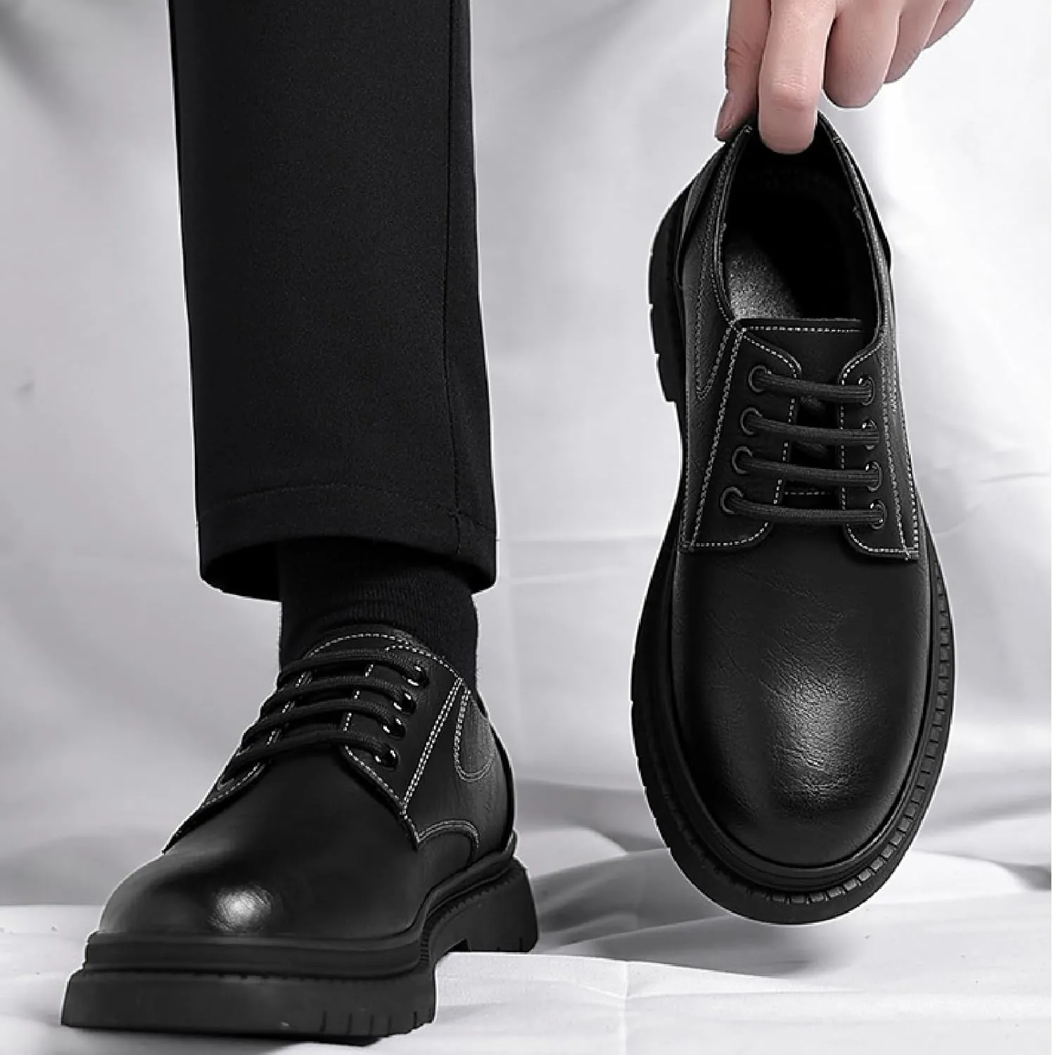 Men's Soft Leather Low Heel Lace Up Oxfords Classic Comfort Round Toe Low-Top Lug Soft Bottom Business Dress Derby Shoes Breathable Anti-Slip Work Office Casual Shoes