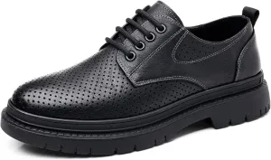 Men's Soft Leather Low Heel Lace Up Oxfords Classic Comfort Round Toe Low-Top Lug Soft Bottom Business Dress Derby Shoes Breathable Anti-Slip Work Office Casual Shoes