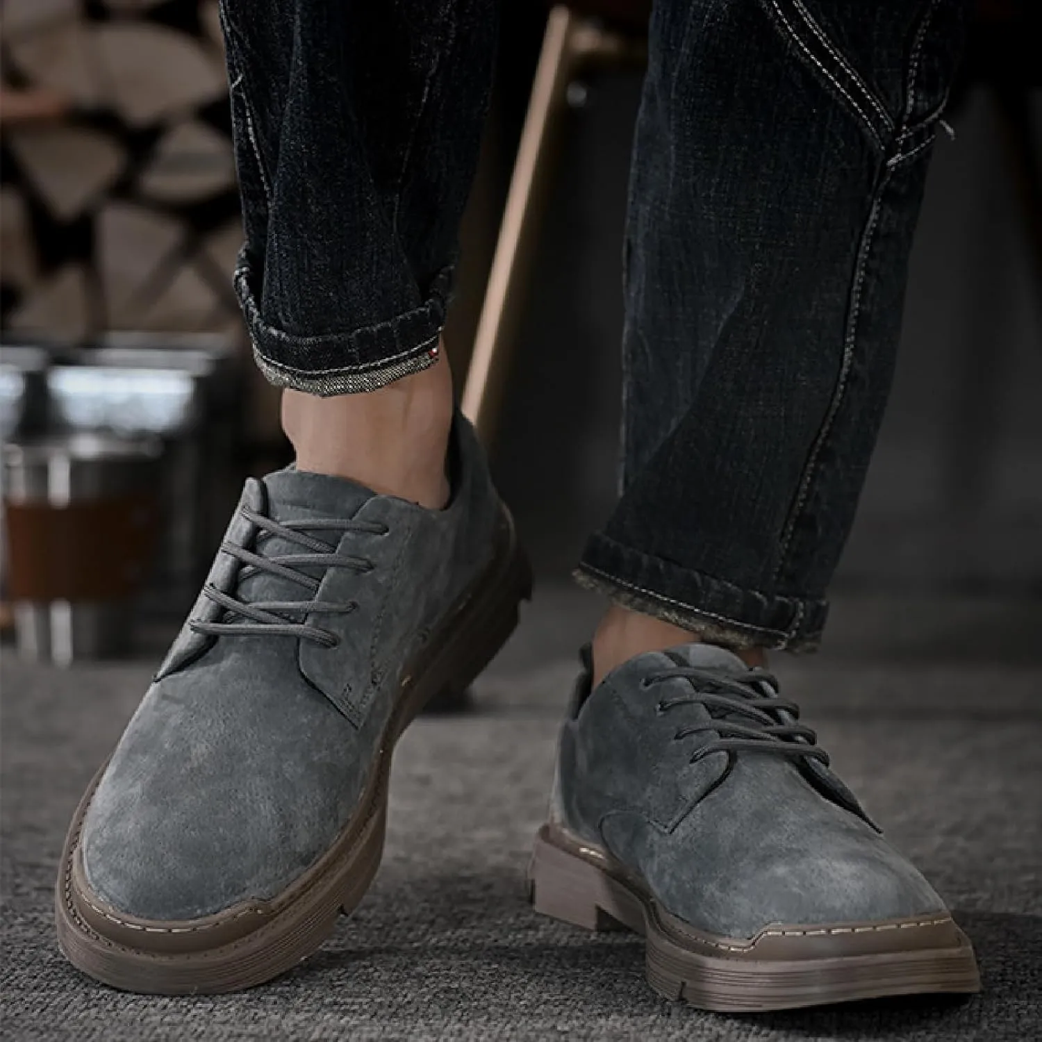 Men's Suede Lace Up Platform Oxfords Casual Comfortable Round Toe Anti-Slip Block Heel Dress Shoes Daily Business Work Office Derbys