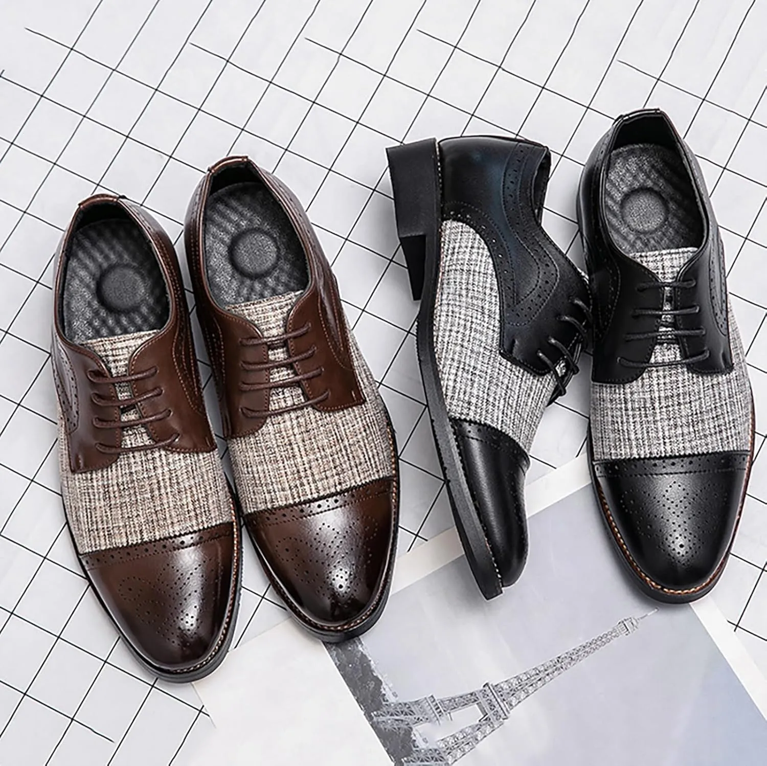 Men's Two Tone Patchwork Brogue Oxfords Shoes,Fashion Classic Round-Toe Lace Up Low Top Leather Dress Shoes,Comfort Hand Stitched Business Formal Derby Shoes