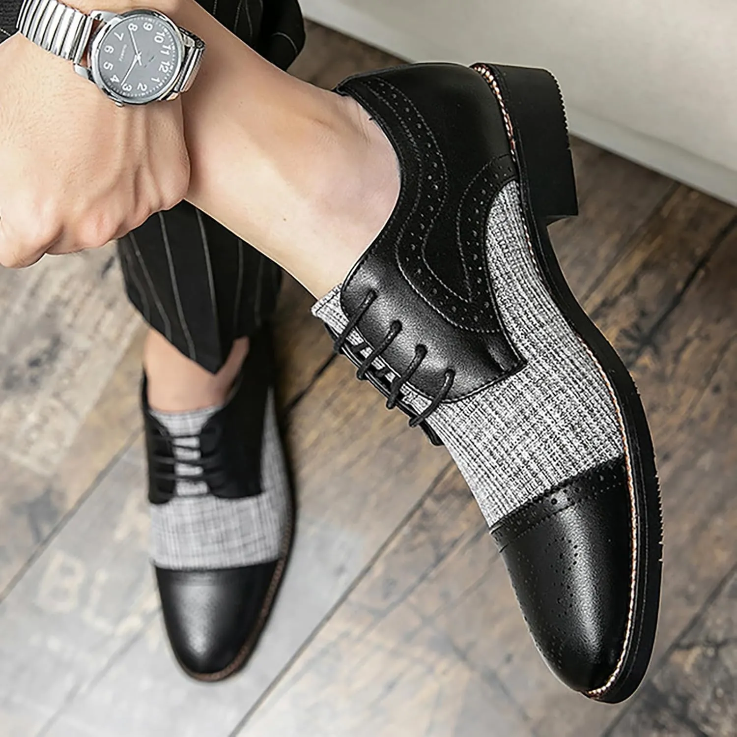 Men's Two Tone Patchwork Brogue Oxfords Shoes,Fashion Classic Round-Toe Lace Up Low Top Leather Dress Shoes,Comfort Hand Stitched Business Formal Derby Shoes