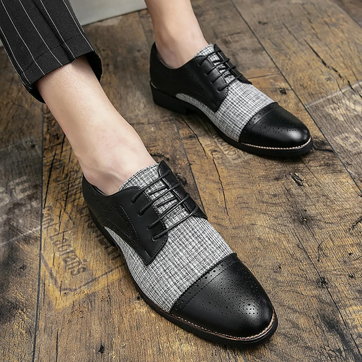 Men's Two Tone Patchwork Brogue Oxfords Shoes,Fashion Classic Round-Toe Lace Up Low Top Leather Dress Shoes,Comfort Hand Stitched Business Formal Derby Shoes