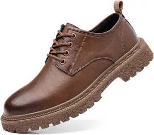Men's Vintage Leather Lace Up Platform Oxfords Shoes Round Toe Low-Top Non-Slip Soft Business Formal Dress Shoes