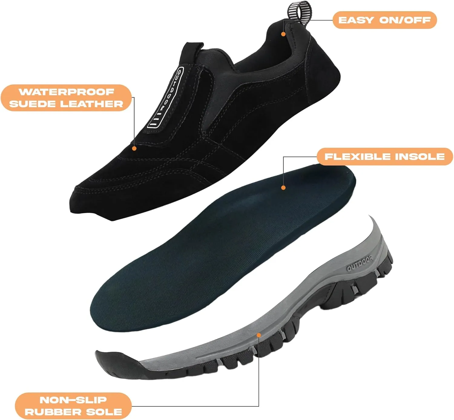 Men's Waterproof Hiking Shoes Comfortable Orthopedic Walking Shoes Slip on Outdoor Sneakers