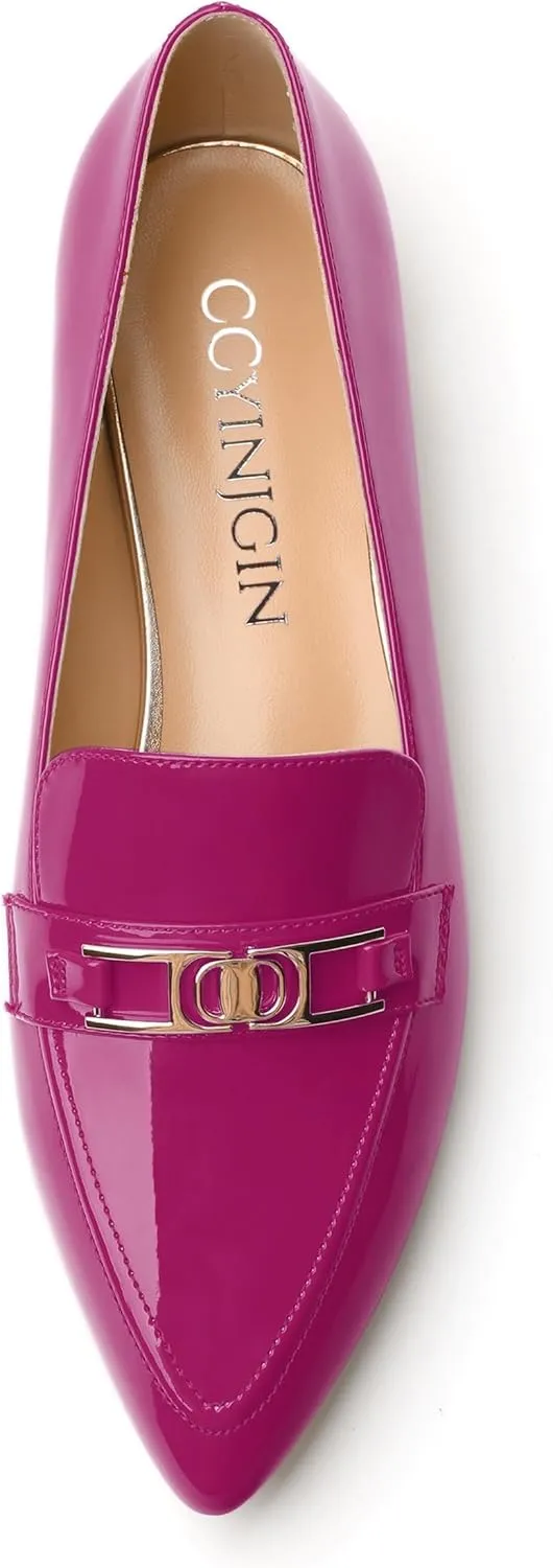 Metal Chain Loafers for Women Pointed Toe Slip on Flats Comfortable Fashion Work Shoes