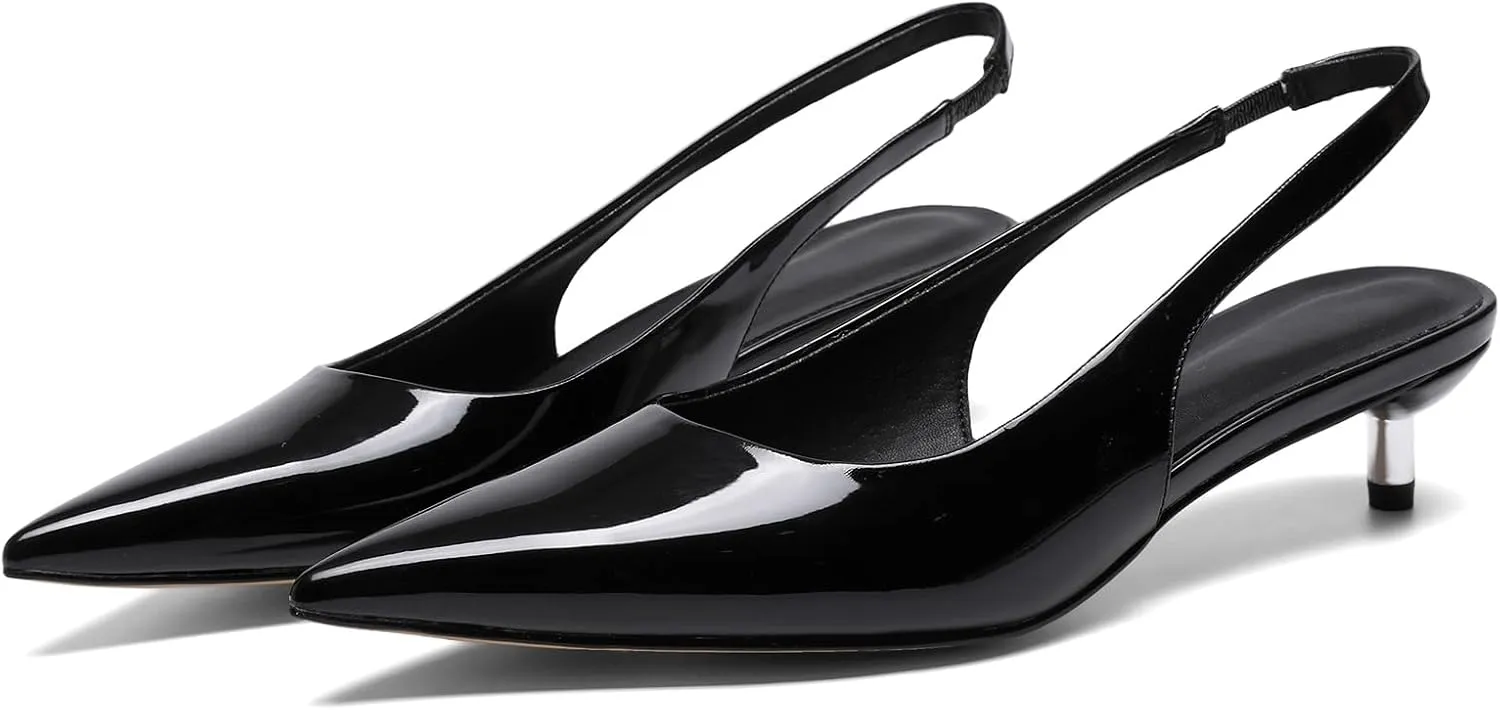 Metallic Heel Slingback Kitten Heels for Women Slip On Pointed Toe Pumps Comfortable Casual Dress Work Shoes