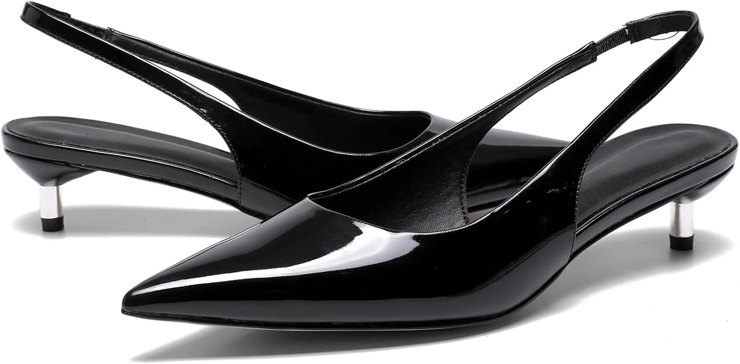 Metallic Heel Slingback Kitten Heels for Women Slip On Pointed Toe Pumps Comfortable Casual Dress Work Shoes