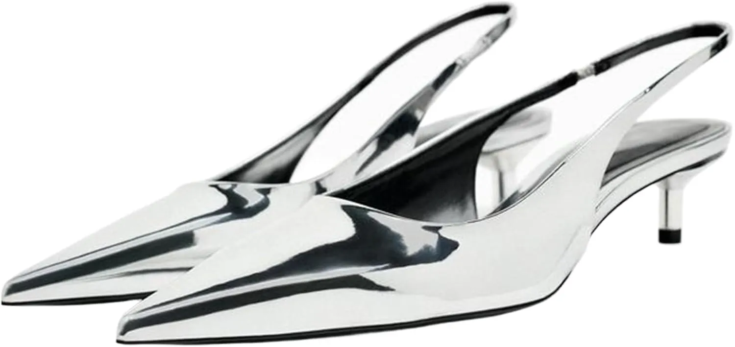 Metallic Heel Slingback Kitten Heels for Women Slip On Pointed Toe Pumps Comfortable Casual Dress Work Shoes