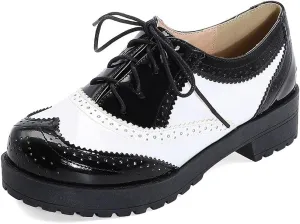 mikarka Women's Perforated Lace-Up Wingtip Flat Oxfords Vintage Round Toe Low Chunky Heel Platform Brogues Pumps Shoes