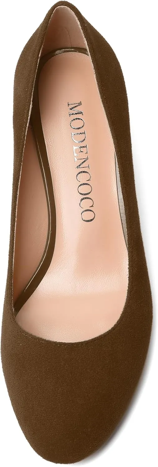 MODENCOCO Womens Suede Slip On Comfortable Formal Round Toe Office Chunky Low Heel Pumps Dress Shoes 2 Inch