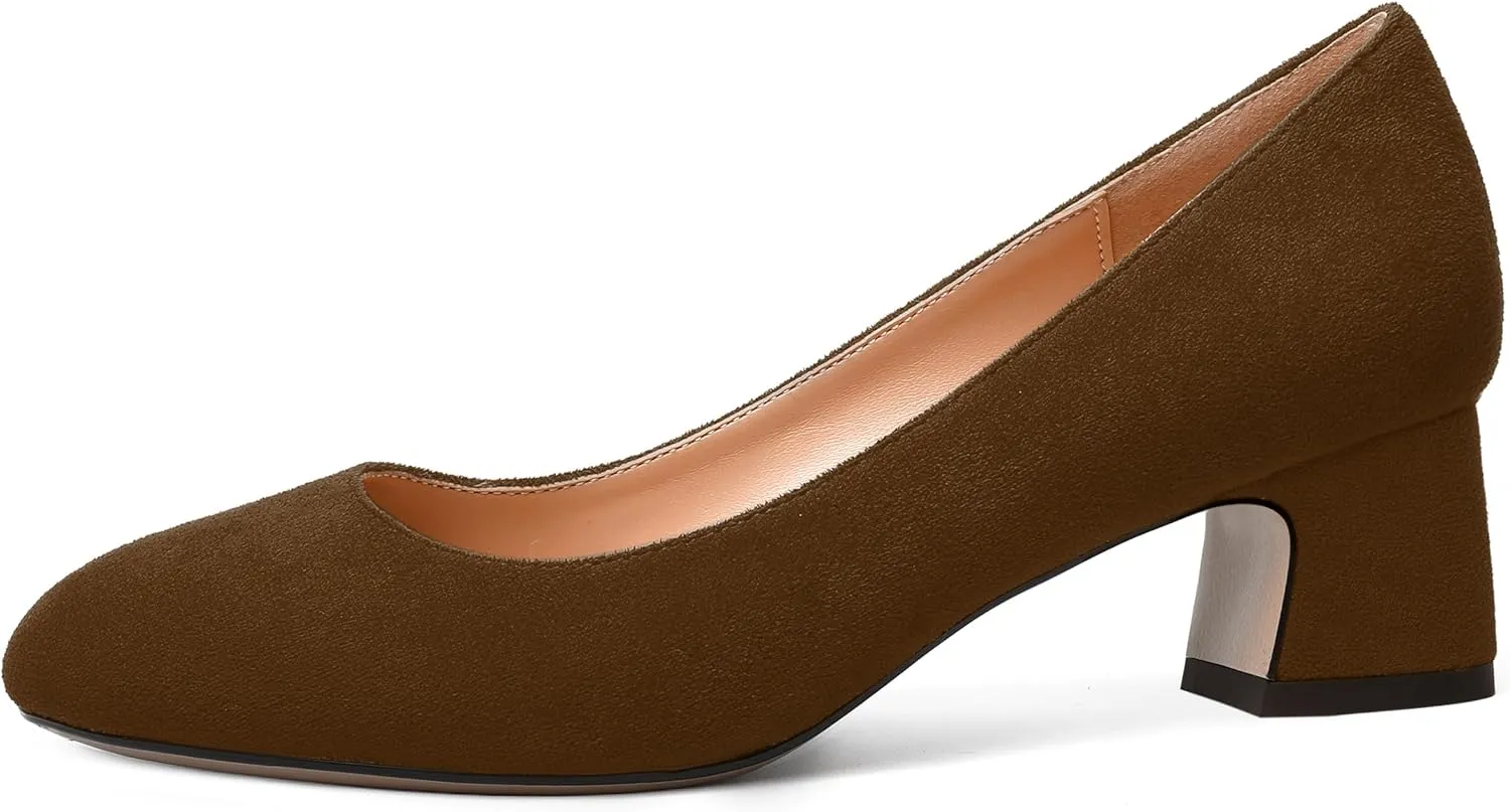 MODENCOCO Womens Suede Slip On Comfortable Formal Round Toe Office Chunky Low Heel Pumps Dress Shoes 2 Inch