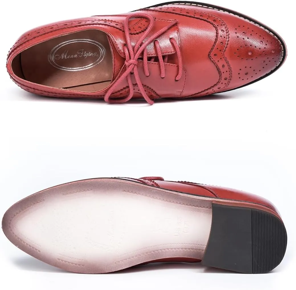 Mona flying Casual Wing Tip Oxfords Brogue for Women Ladies Handmade Lace up Leather Derby Shoes