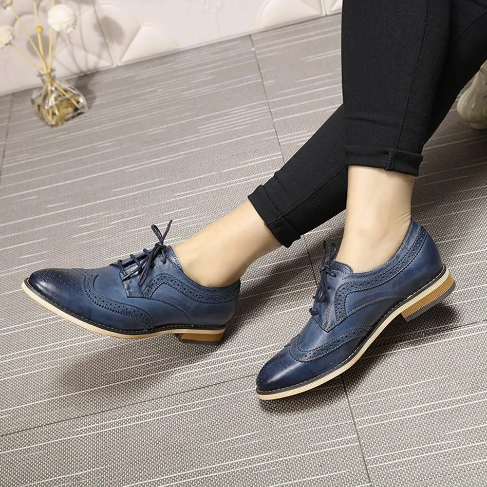 Mona flying Casual Wing Tip Oxfords Brogue for Women Ladies Handmade Lace up Leather Derby Shoes