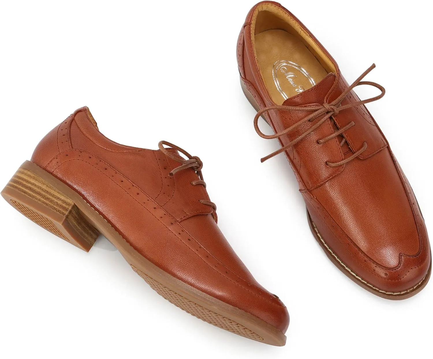Mona flying Women's Classic Leather Derby Oxfords Round Toe Lace up Flat Office Work Shoes for Ladies