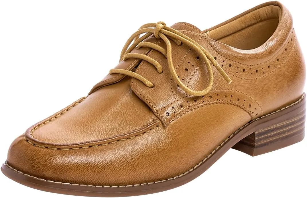 Mona flying Women's Classic Leather Derby Oxfords Round Toe Lace up Flat Office Work Shoes for Ladies