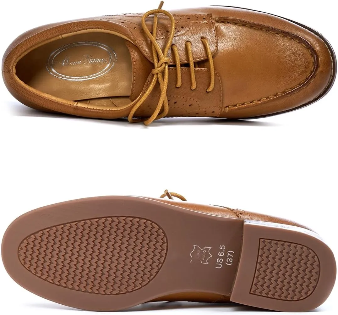 Mona flying Women's Classic Leather Derby Oxfords Round Toe Lace up Flat Office Work Shoes for Ladies