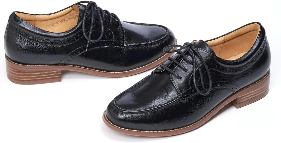Mona flying Women's Classic Leather Derby Oxfords Round Toe Lace up Flat Office Work Shoes for Ladies