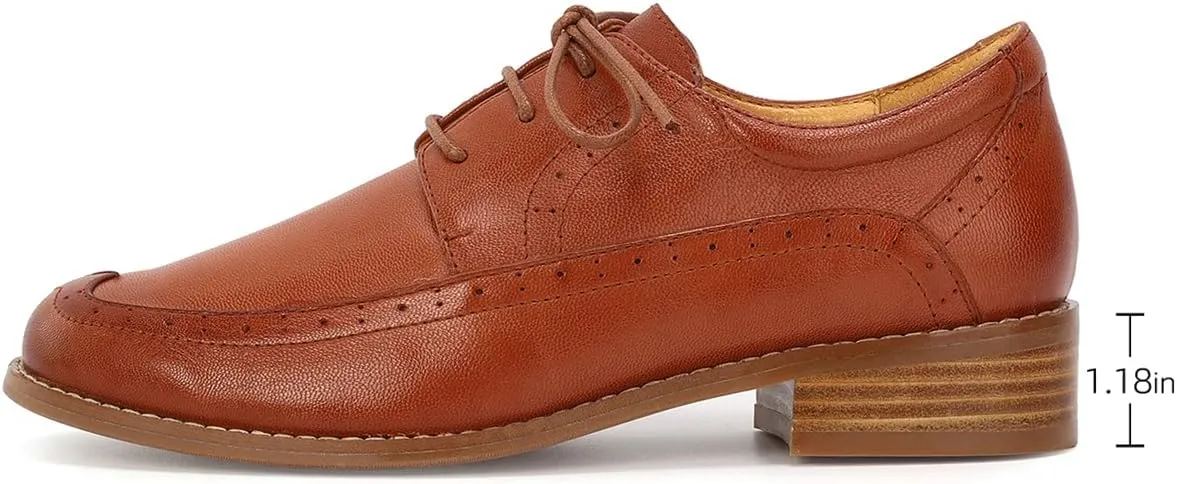 Mona flying Women's Classic Leather Derby Oxfords Round Toe Lace up Flat Office Work Shoes for Ladies