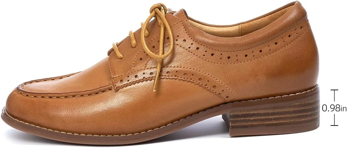 Mona flying Women's Classic Leather Derby Oxfords Round Toe Lace up Flat Office Work Shoes for Ladies