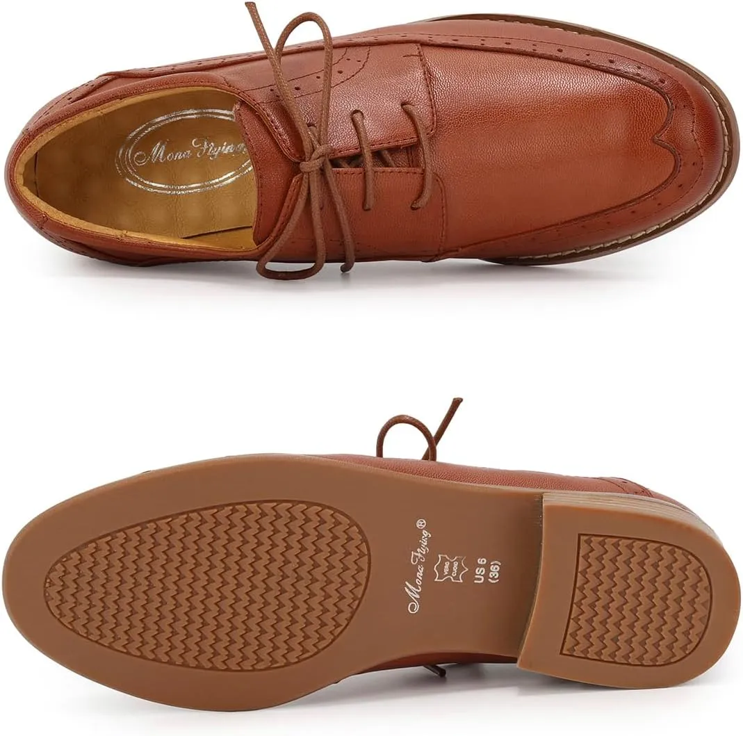 Mona flying Women's Classic Leather Derby Oxfords Round Toe Lace up Flat Office Work Shoes for Ladies
