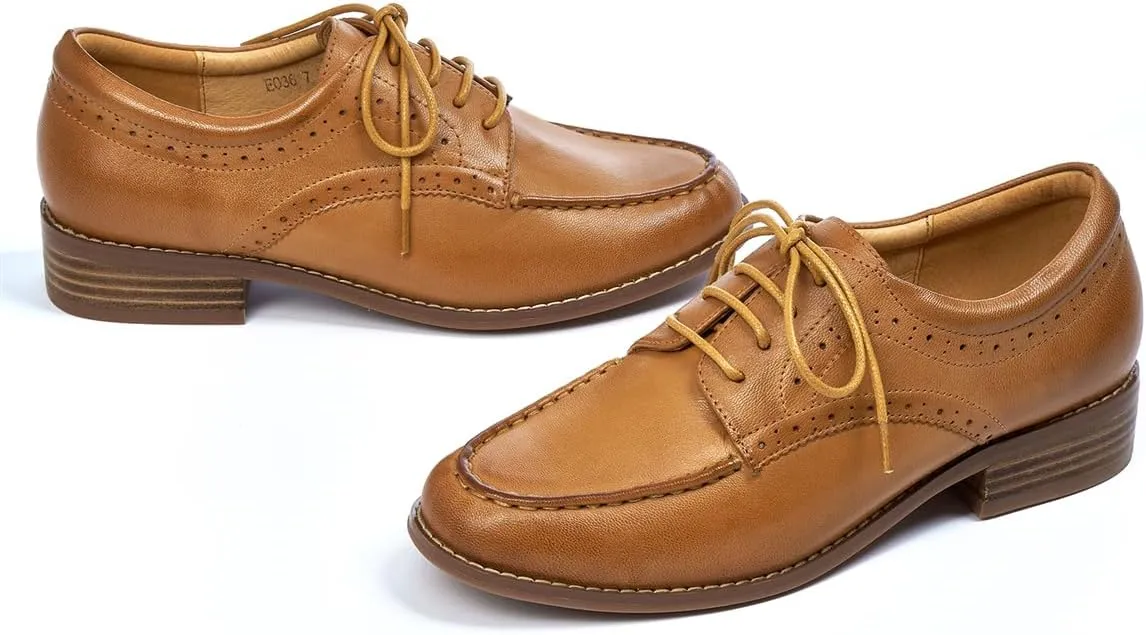 Mona flying Women's Classic Leather Derby Oxfords Round Toe Lace up Flat Office Work Shoes for Ladies