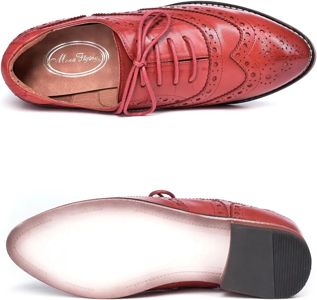 Mona flying Women's Leather Perforated Lace-up Oxfords Brogue Wingtip Shoes for Ladies Women