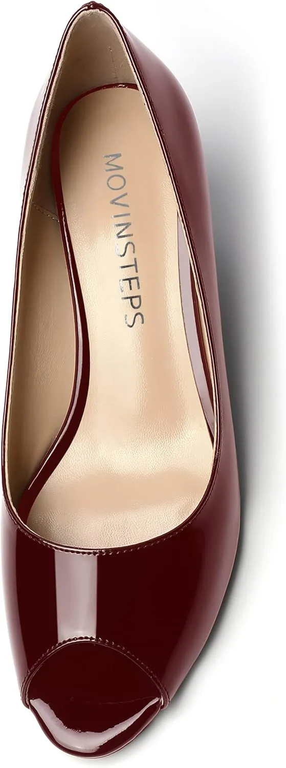 MOVINSTEPS Womens Patent Peep Toe Fashion Slip On Party Open Toe Wedge Low Heel Pumps Shoes 2 Inch