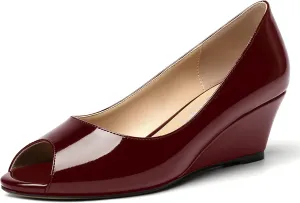 MOVINSTEPS Womens Patent Peep Toe Fashion Slip On Party Open Toe Wedge Low Heel Pumps Shoes 2 Inch