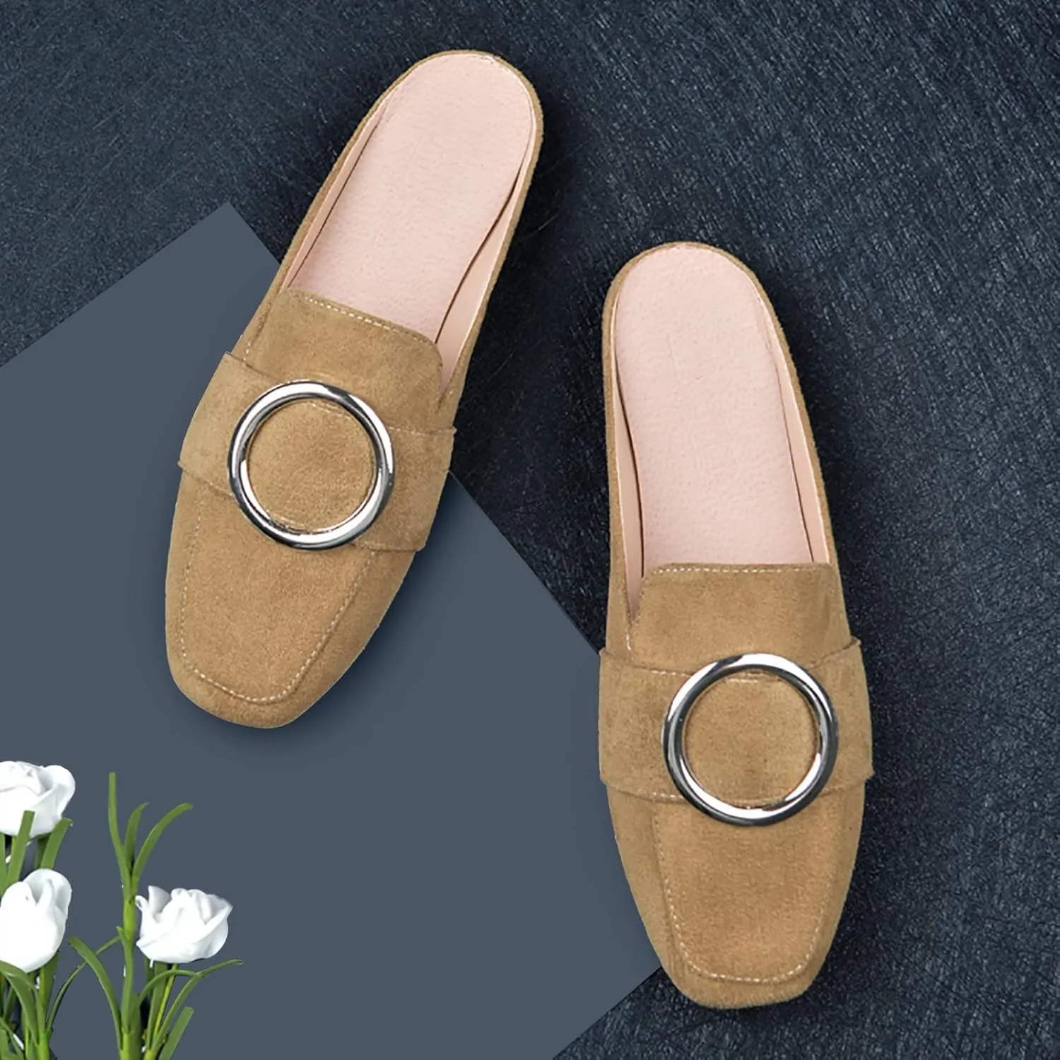 Mules for Woman Buckle Flats Comfortable Slip on Women Mules Flats Shoes Backless Loafers