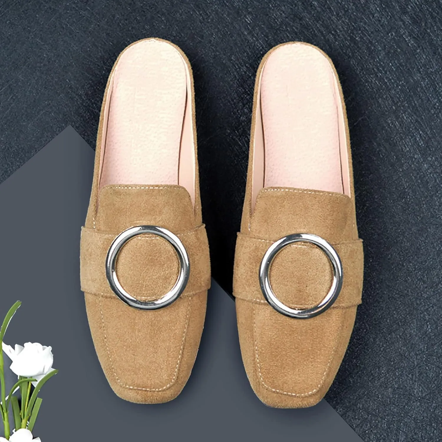 Mules for Woman Buckle Flats Comfortable Slip on Women Mules Flats Shoes Backless Loafers