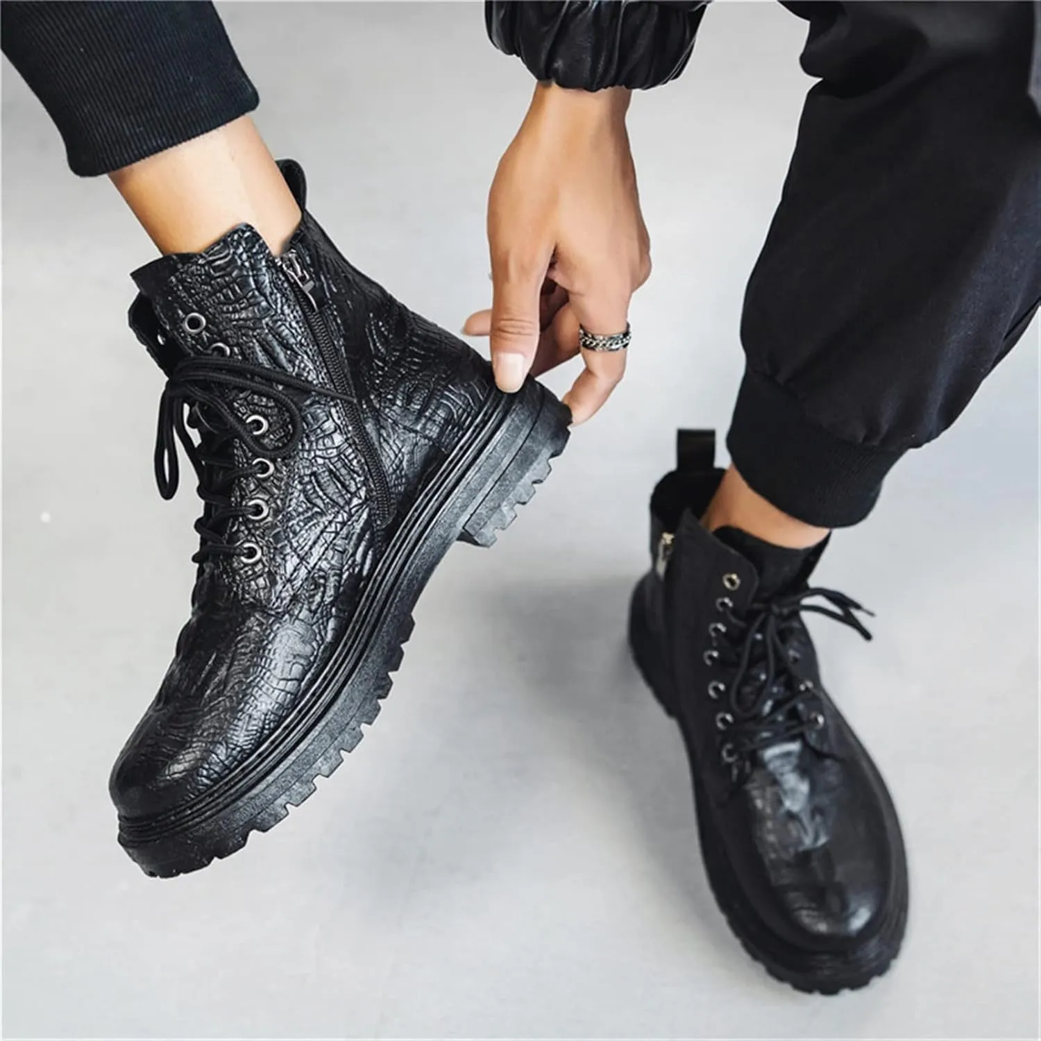 New Ankle Boots For Men Anti-slip Non Slip Resistant Derby Crocodile Print With Rivet PU Casual Dress Classic